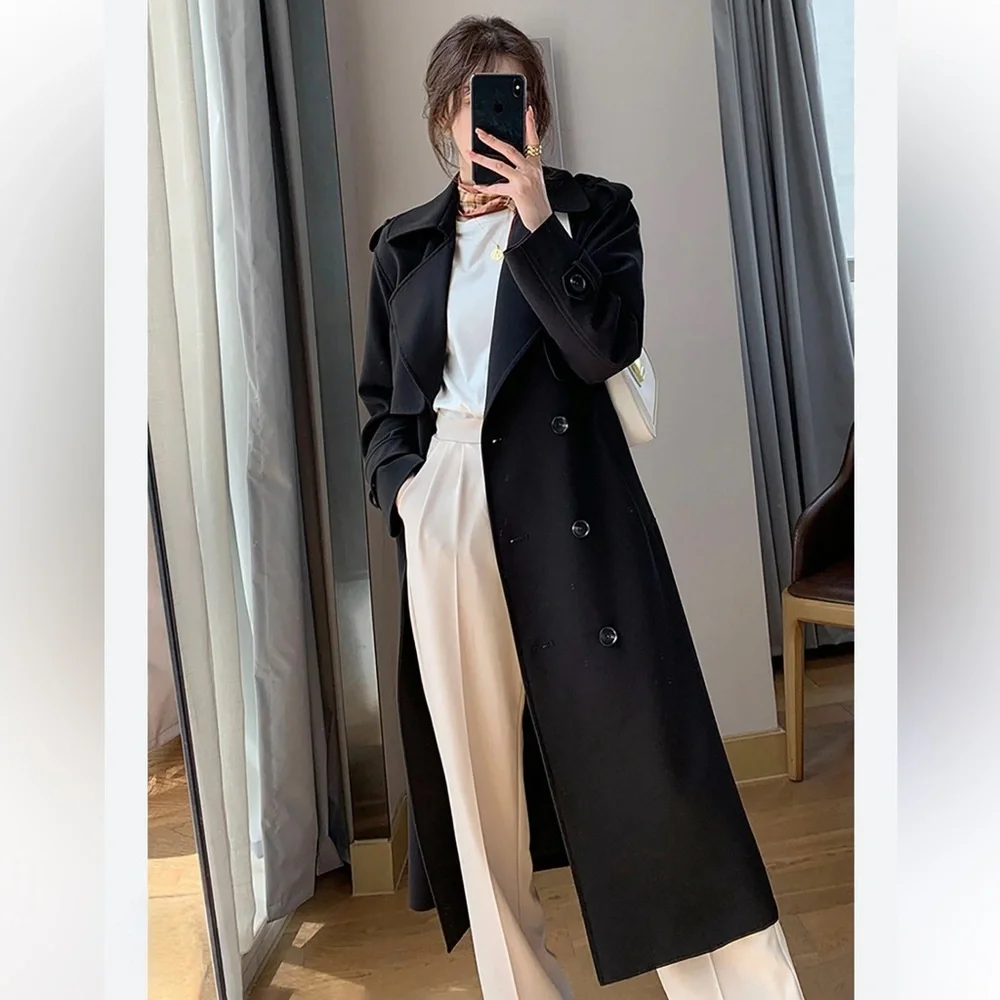 Gallery Vintage Black Long Floor Length Button Down Collared Trench Coat Small - Picture 3 of 11